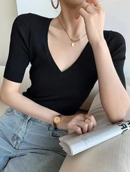 Sexy V Neck Short Sleeve T Shirt Women Ribbed Tops 2024 Summer Solid Knitted Casual Top Tees Slim Basic Female T-shirts