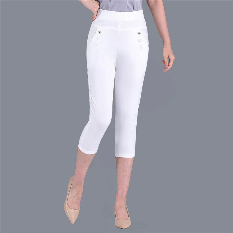 Women Capris Fashion High Waisted Stretch Skinny Pencil Pants Casual Slim Solid Color Calf Length Pants Summer Women\'s Breeches