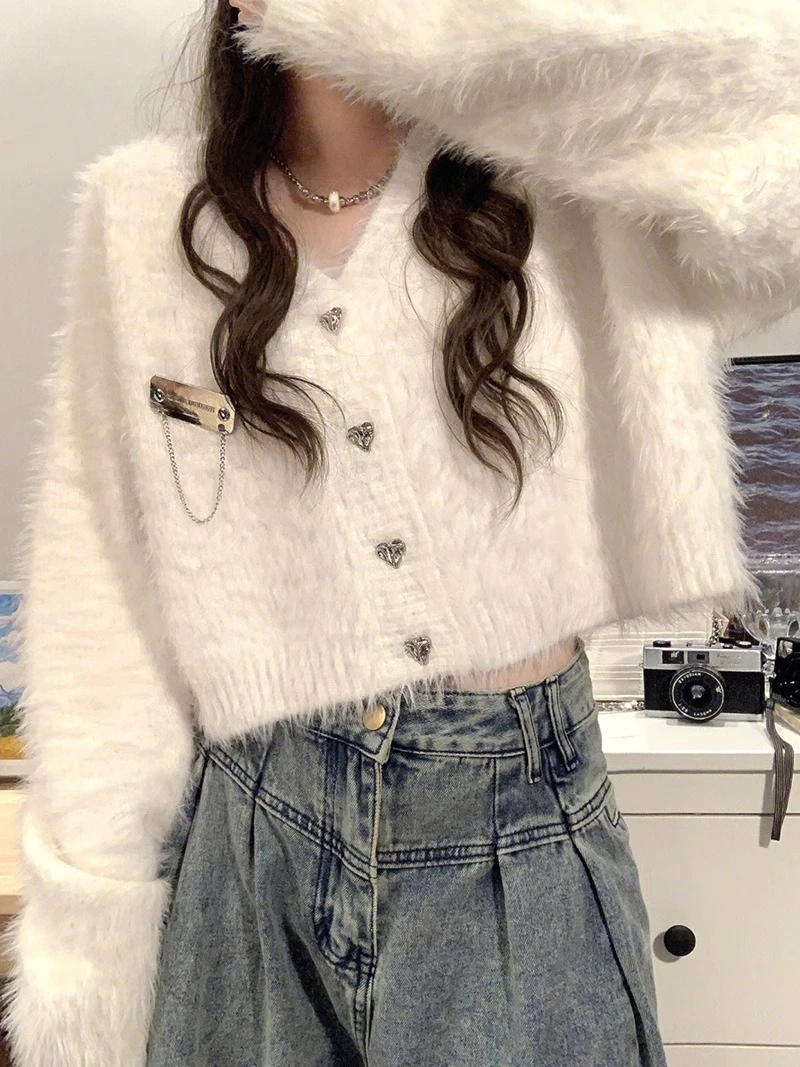 Single Love Breasted White Furry Cardigan Sweater Women Autumn Winter Short Style Loose Soft Fashion Versatile V-neck Knitted