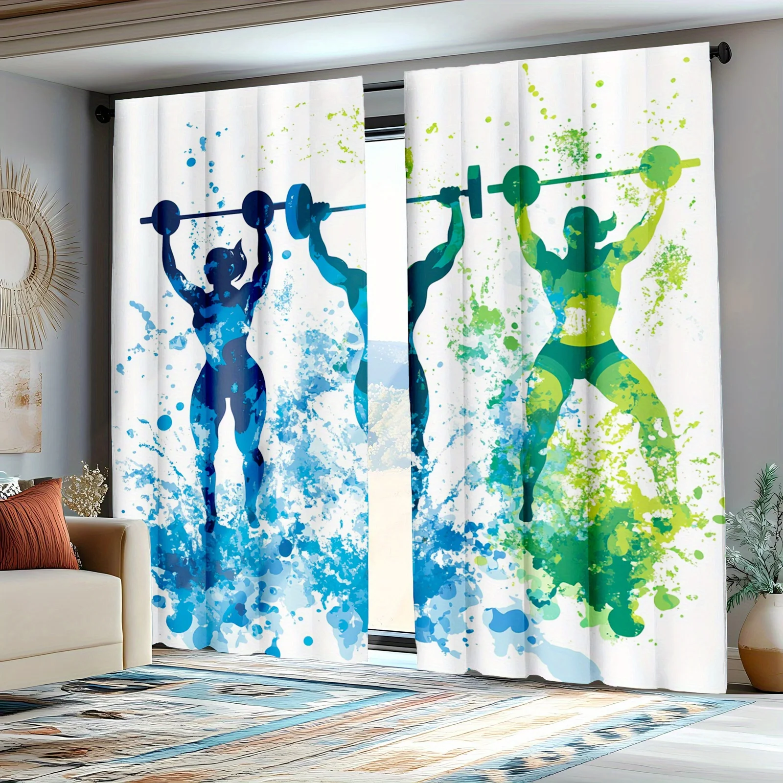 Colorful Weightlifting Silhouette Curtains, Gym Fitness Splash Art Drapes, Motivational Sports Home Gym Window Treatment Decor