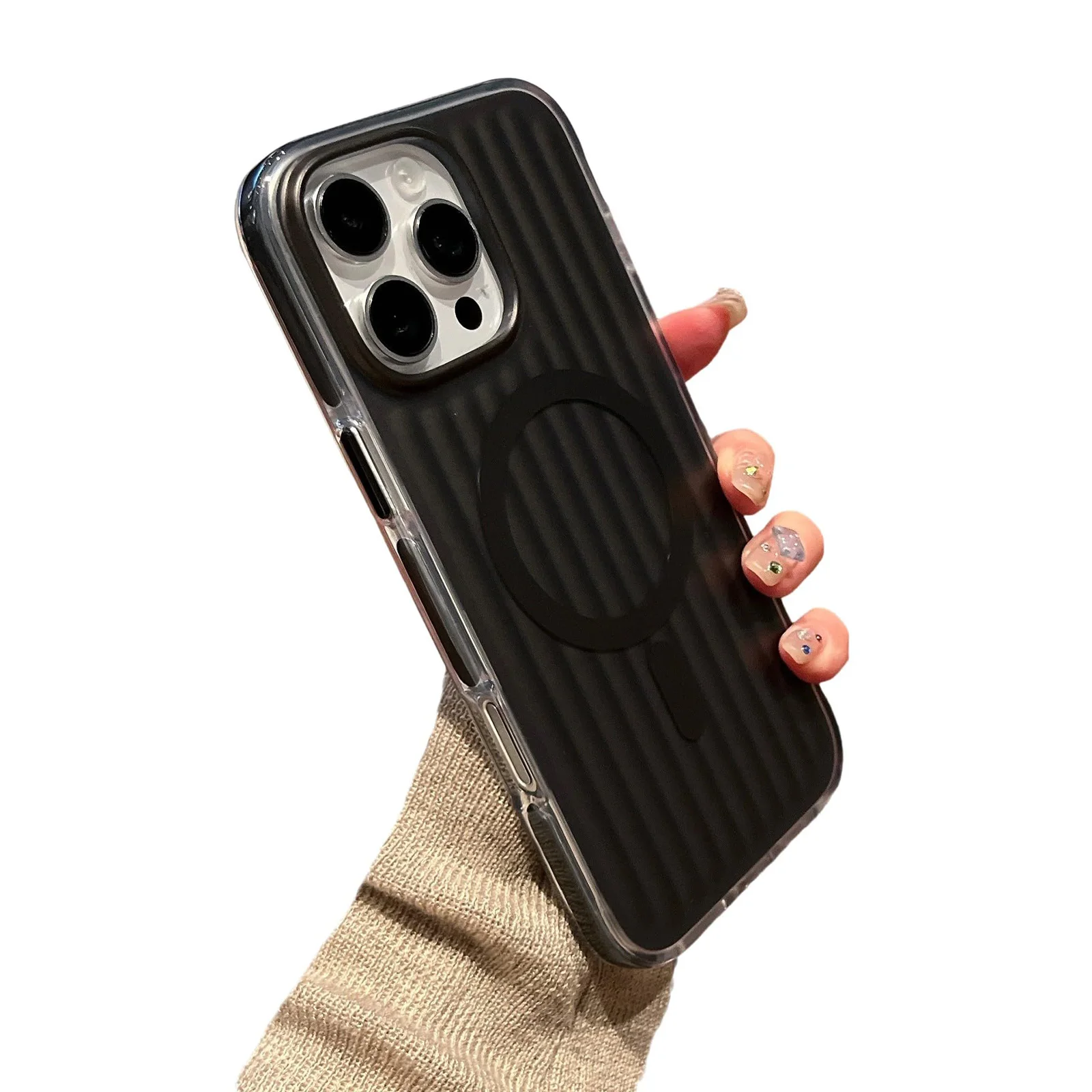 For iPhone 16 Pro Max/16 Pro/16 Certified Hybrid Case with Brushed Metal Stripe Airbag Corners Magnetic Wireless Charging Cover