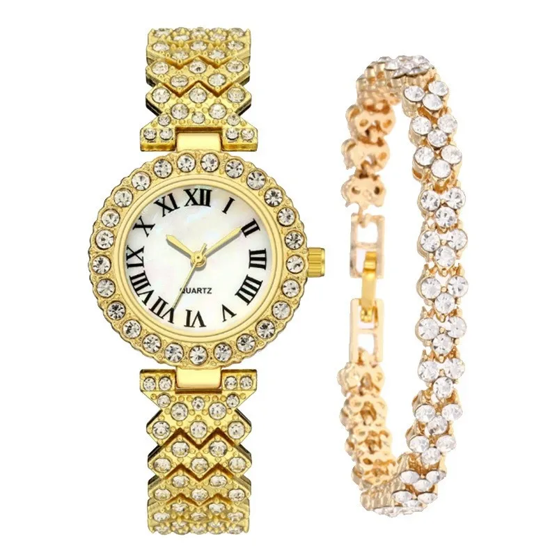 Nuevo reloj de mujer con diamantes, elegante reloj de cuarzo, esfera de diamantes popular, pulsera llena de diamantes, pulsera de corazón, pulsera de reloj de mujer, juego de 2 piezas