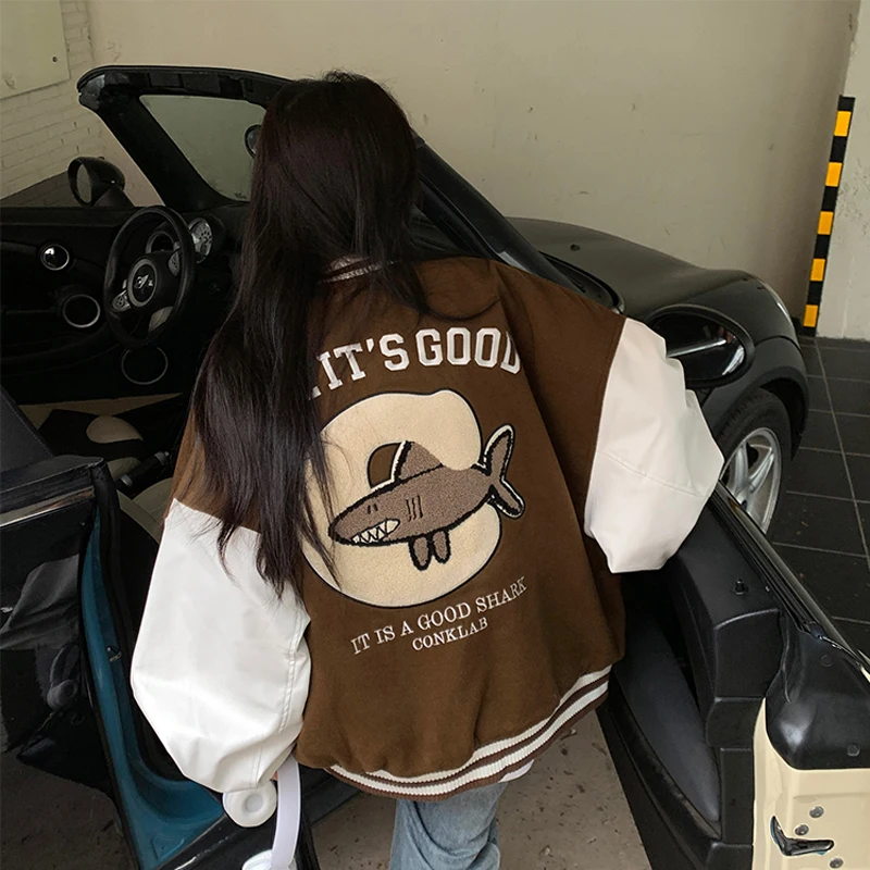 

Baseball Jackets Varsity Womens Summer Stretchy Anti-Impact Patched European Style Front-Zip Silhouette Decorated Metal Oversize