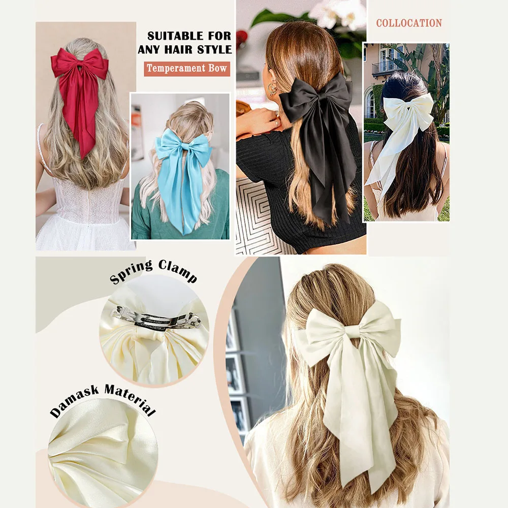 1Pcs Elegant Large Bow Long Ribbon Hair Clip Women Fashion Bowknot Satin Hairpin Barrettes Girls Ponytail Clip Hair Accessories