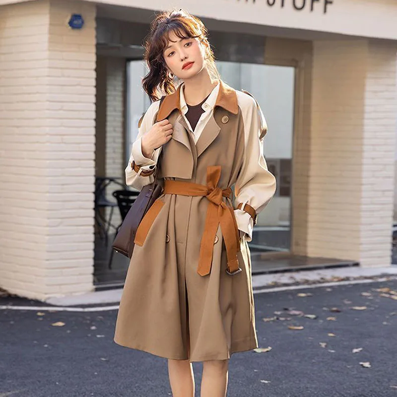 

Mid-length Khaki Trench Coat With Belt Contrast Color Splicing Lapel Long Sleeve Casual Double-breasted Spring Women Windbreaker