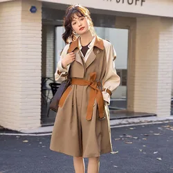 Mid-length Khaki Trench Coat With Belt Contrast Color Splicing Lapel Long Sleeve Casual Double-breasted Spring Women Windbreaker