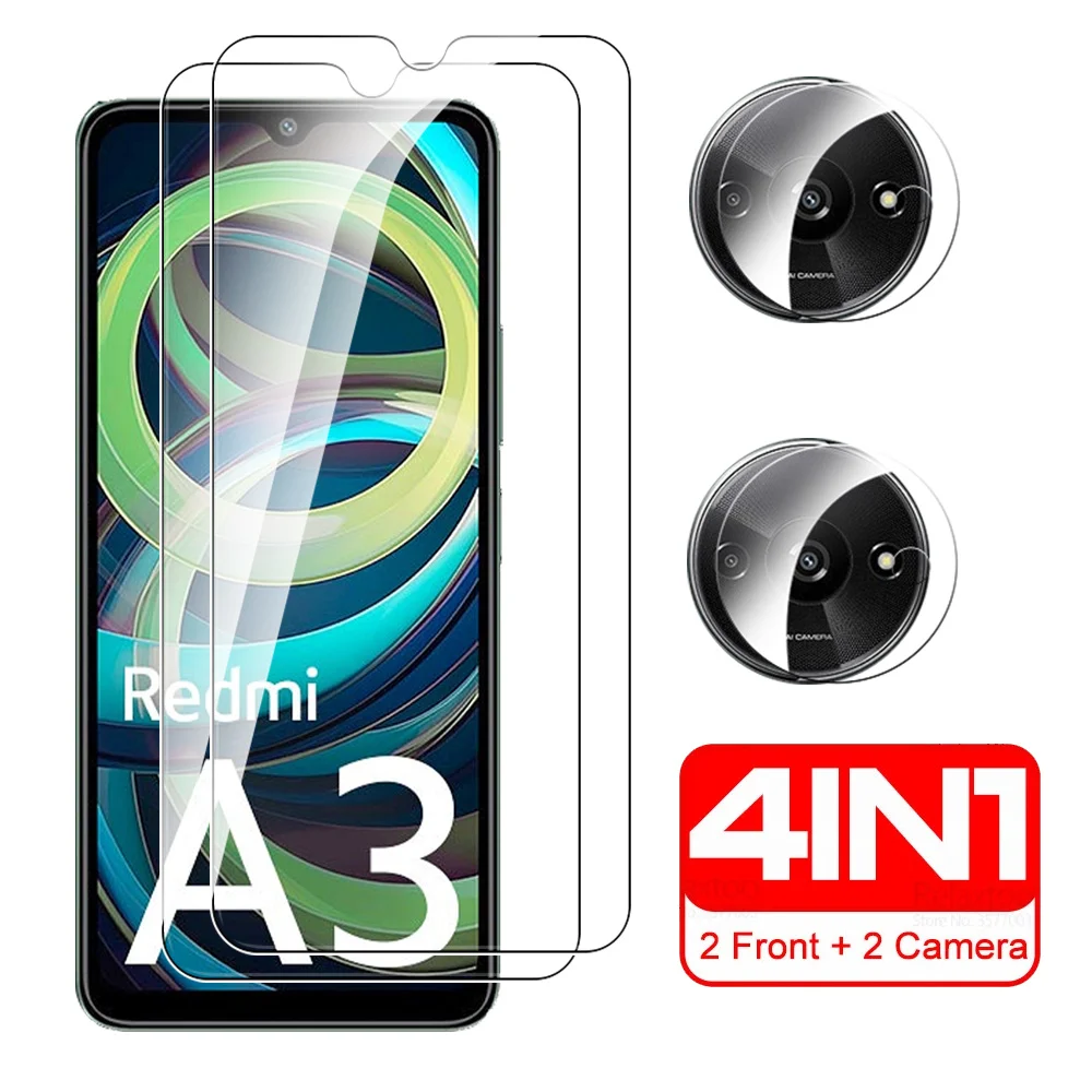 Pelindung kamera, untuk Xiaomi Redmi A3 4G Glass 4in1 pelindung kamera kaca Tempered Redmy A3 A 3 3A RedmiA3 6.71 inci penutup Film pelindung layar