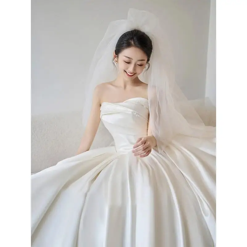 Strapless Satin Light Main Wedding Dress Bride's Premium Texture A Version French Retro Big Tail Dress Small  Customized