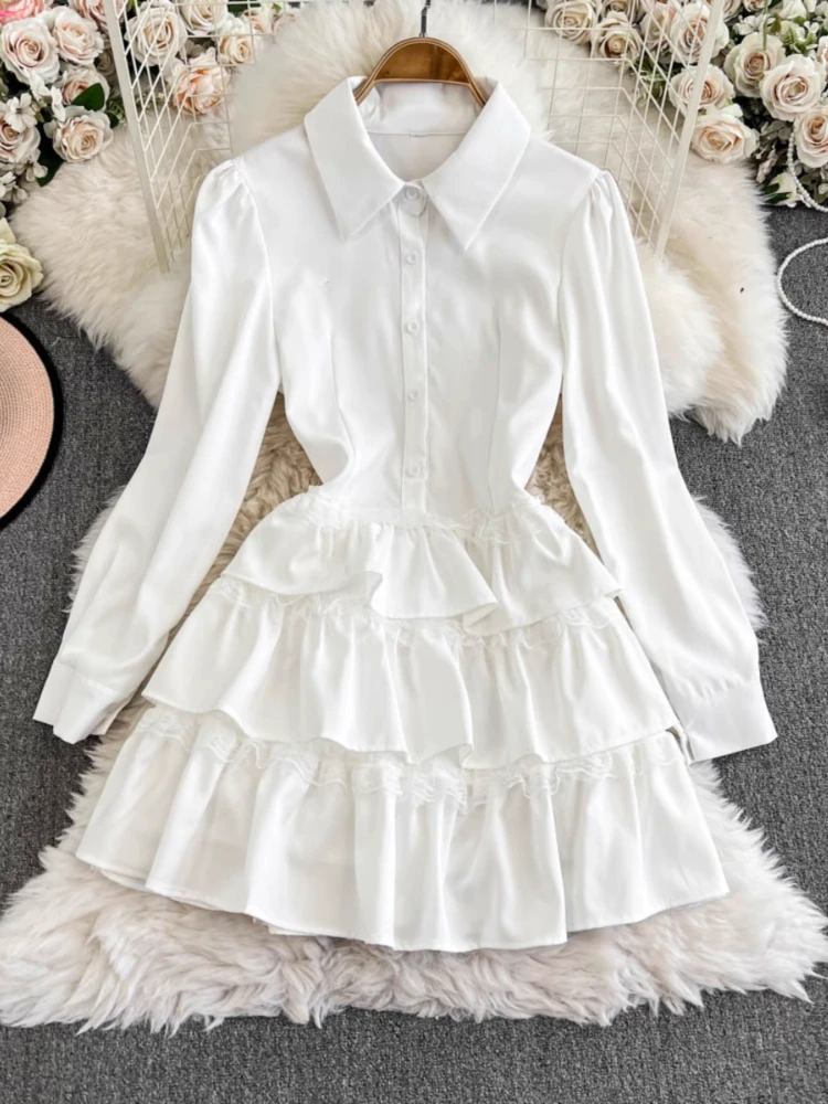 

2023 весенне-осенние платья с отложным воротником и длинными рукавами, однотонные кружевные платья с оборками, модная элегантная женская одежда