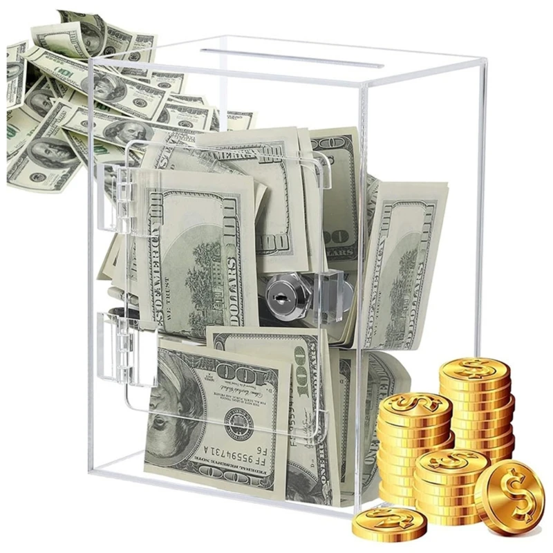 Acrylic Money Container Transparent Square Coin Banks for Budgeting and Saving Change Storage Box for Kids and Adults H7EA