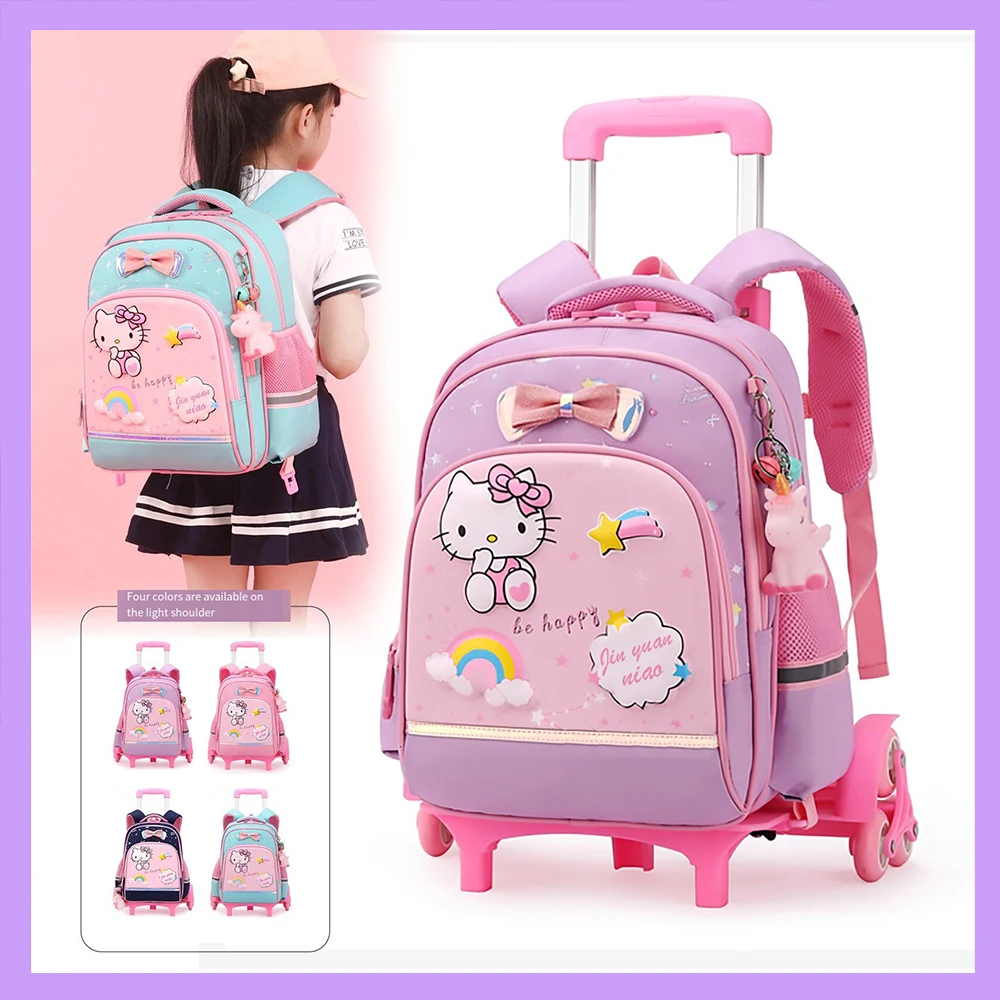 Hello Kitty Kawaii Trolley Schoolbag for Kids Sanrios Anime New Large Capacity Bag Waterproof Bags Rolling Backpack with Wheel - Image 2