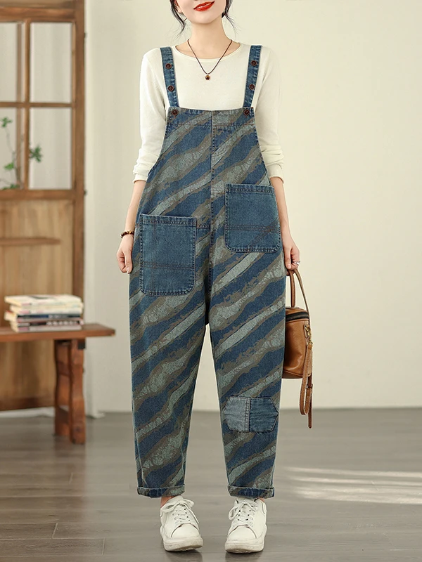

plus Size Denim Overalls Women's Pants Spring New Faion Print Loose Age-Defng Casual Versatile High Waist Cotton Blend