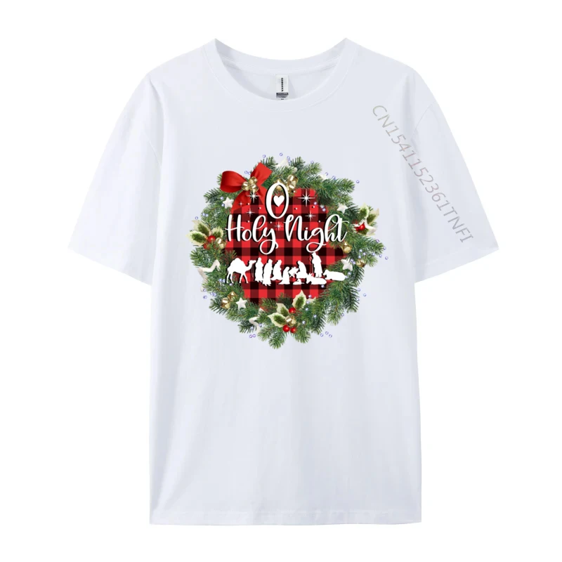 O Holy Night Nativity Christmas Wreath Red Buffalo Plaid T Shirts All Cotton O-Neck T-Shirts Personalized Funny T-Shirts