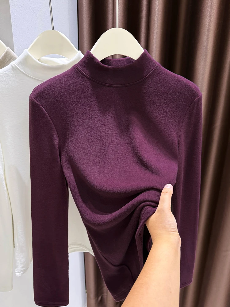 

Женская теплая базовая кофта с высоким воротником и двойным флисовым слоем, фиолетовая, осенне-зимняя, для ношения под одеждой