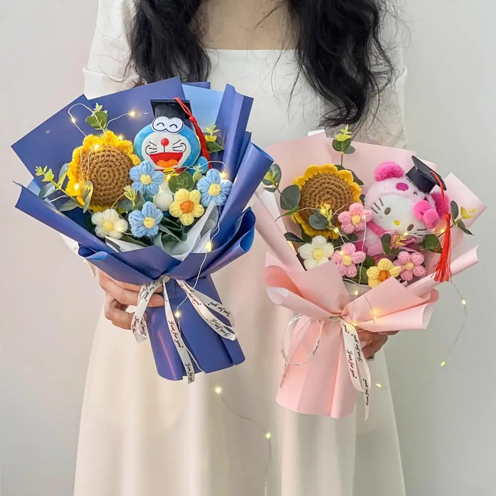 Kawaii Hello Kitty Kuromi Knitted Bouquet with Light Plush Doll Bouquet Sanrio Anime Decoration Graduation Gift Festival Gift