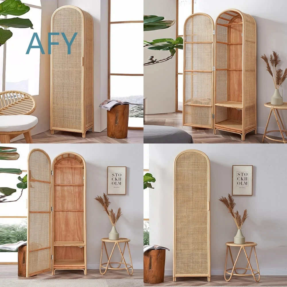 Nordic Natural Rattan Single Door Wardrobe for Small Apartments Bedrooms Home Storage Cabinet Vintage Japanese Style Boho