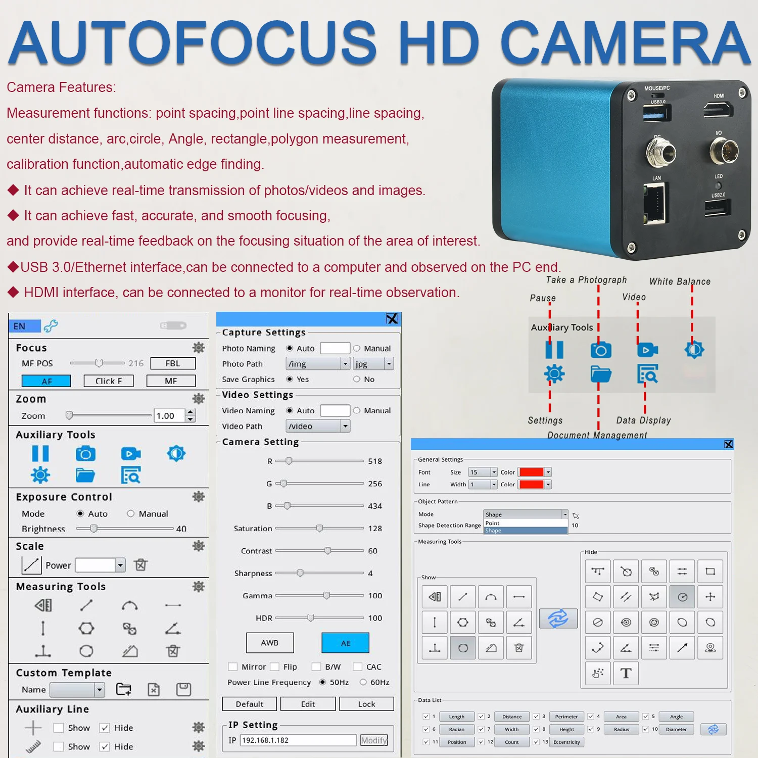 KOPPACE 2 MP Autofocus Microscope Measure Industrial Camera HDMI/USB/LAN Output