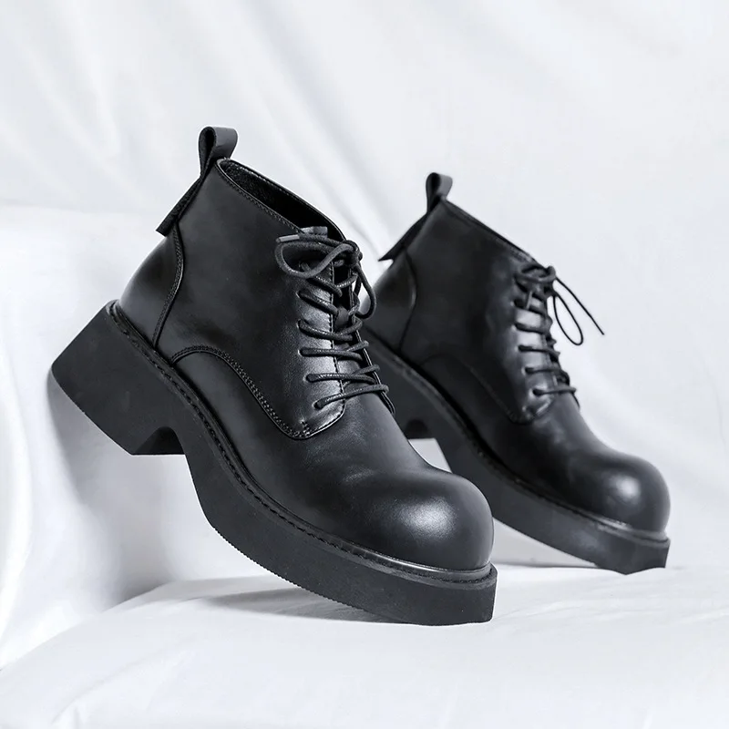 New British Men Fashion Black Men Boots Dress Leather Shoes Platform Boots Outdoor Height Increasing Shoes Motorcycle Boots