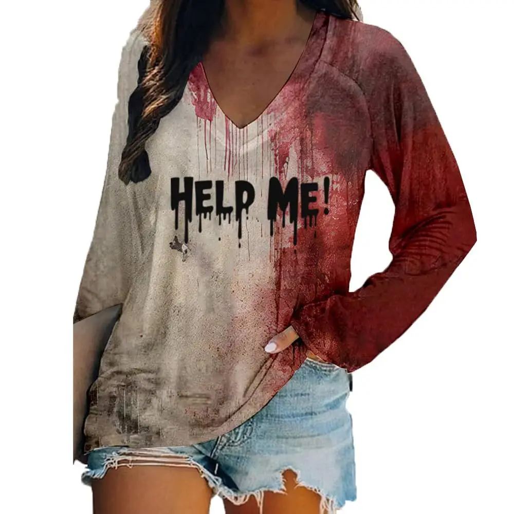 Design Sense Wan Sheng Series Bloody Loose Blood clot Terror Pattern V-neck Long sleeved Top WholesaleWB16