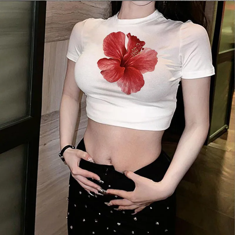 Hibiscus Flower Print Harajuku Vintage 2000s Y2K Clothing Short Sleeve Crop Top Summer Women Sexy Slim Baby Tees