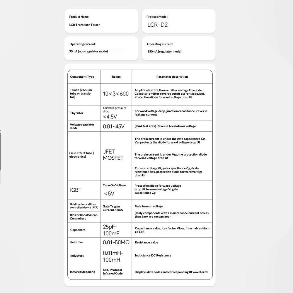 LCR-D2 Transistortester Hochpräziser Multifunktionaler Elektronischer Komponentendetektor für Kondensator-, Widerstands-, MOS- und FET-Tests – Detail 24