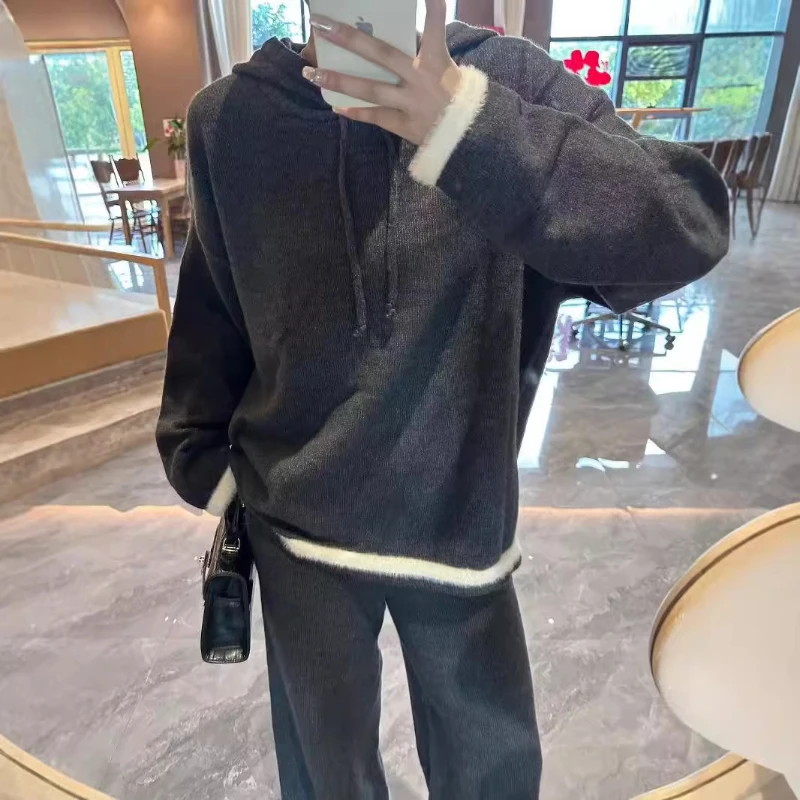 Casual Knitted Sweater And Pants Set For Women Fashionable Hooded Design Soft And Cozy Autumn And Winter Trendy Outfit