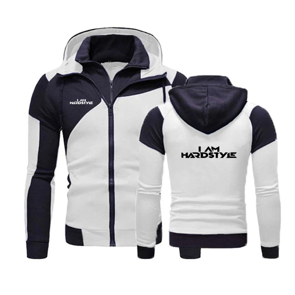 2024 Spring Autumn Men\'s I Am Hardstyle Logo Printing Popular High Street Hooded Double Zipper Casual Splicing Cotton Sweatshirt