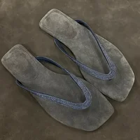 Fashion Square Toe Crystal Narrow Band Flat Slippers High Quality Faux Suede Clip Toe Flip Flops Women Comfort Casual Beach Shoe - Image 3