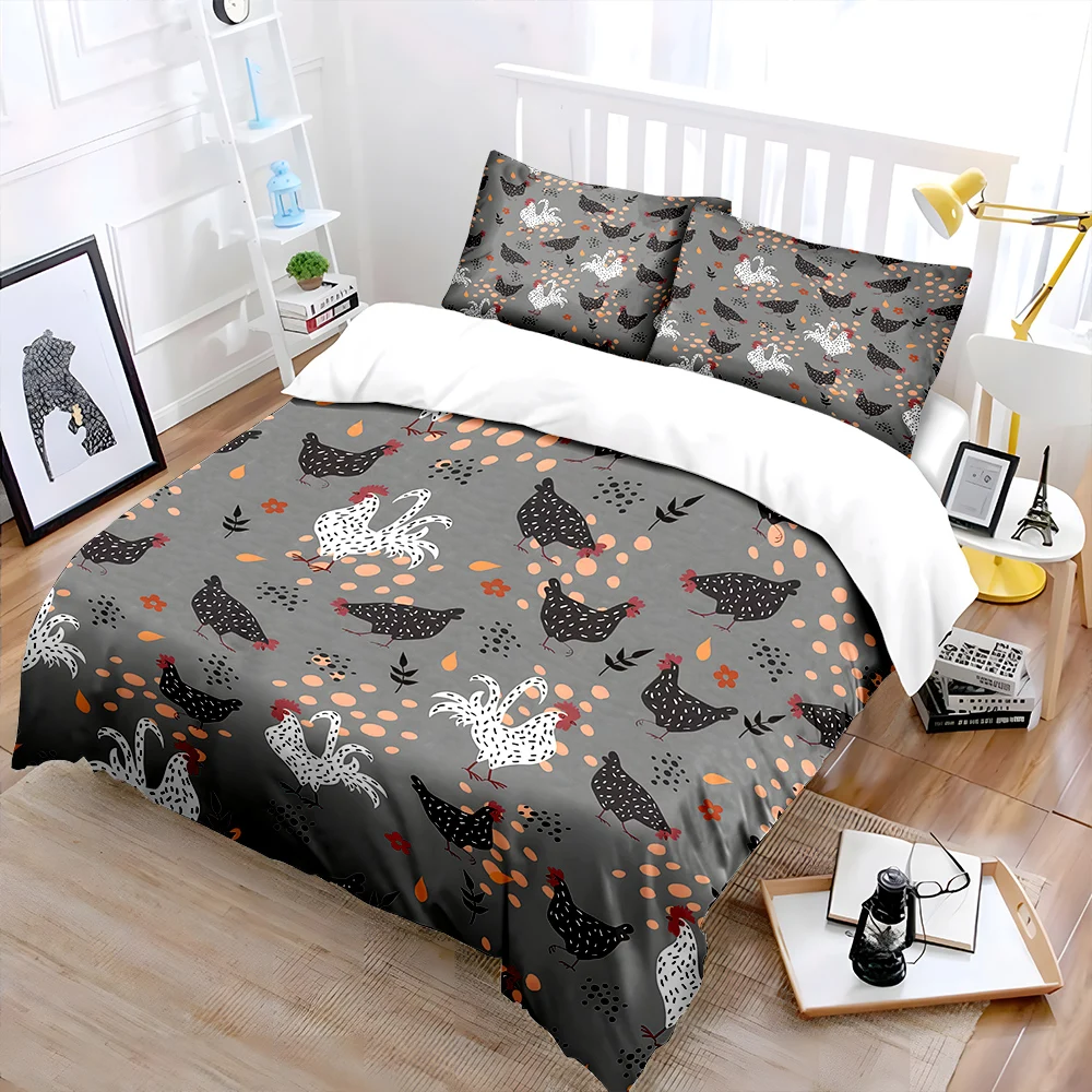 Französisches Bettwäsche-Set mit Hühnermotiv und grauem Hintergrund, 1 Bettbezug, 2 Kissenbezüge für Erwachsene und Kinder, Luxus-Geschenk, volle Größe