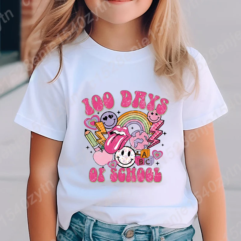 Cartoon 100 Days Of School Print T-shirt Summer Casual Short Sleeve Tee Shirt Round Neck Tops Children Girls Solid Color T-Shirt