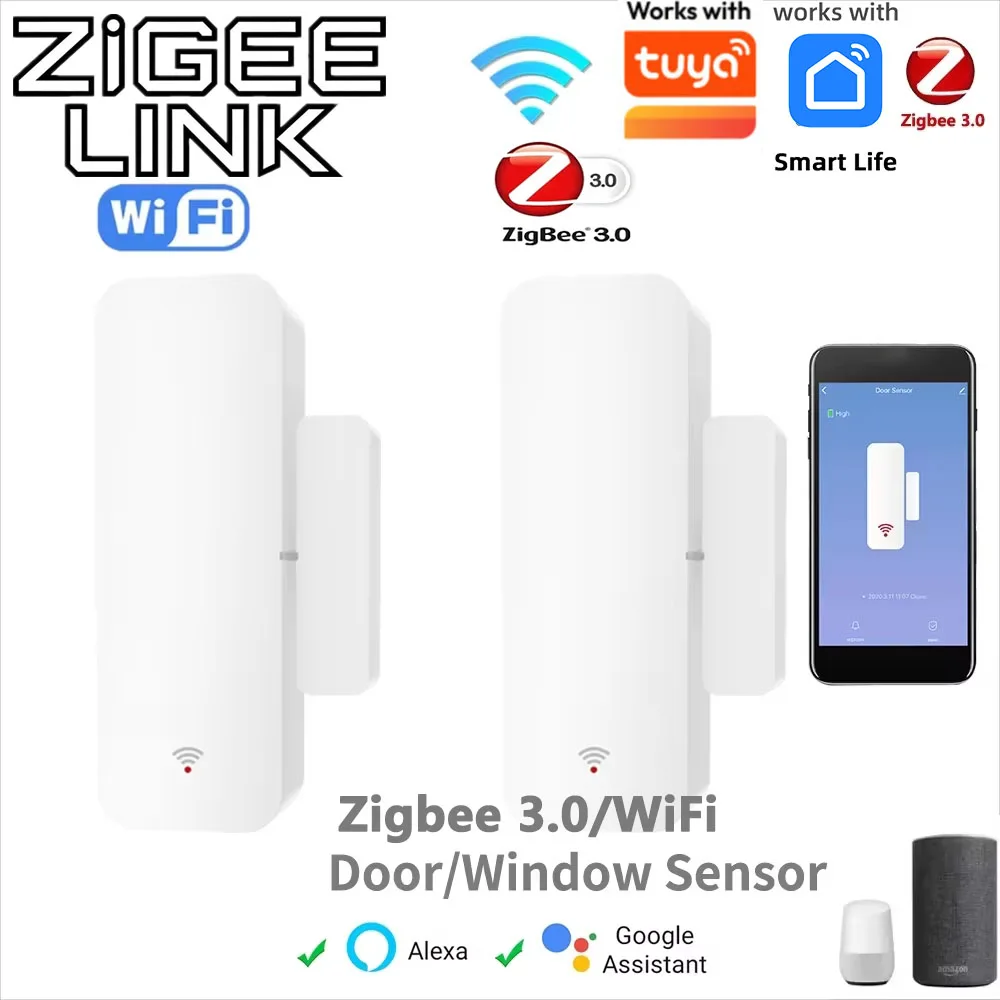 Tuya Zigbee 3.0 WiFi Smart Door Window Sensor Wireless Open Close Detector Home Security Alarm Voice Control Alexa Google Home