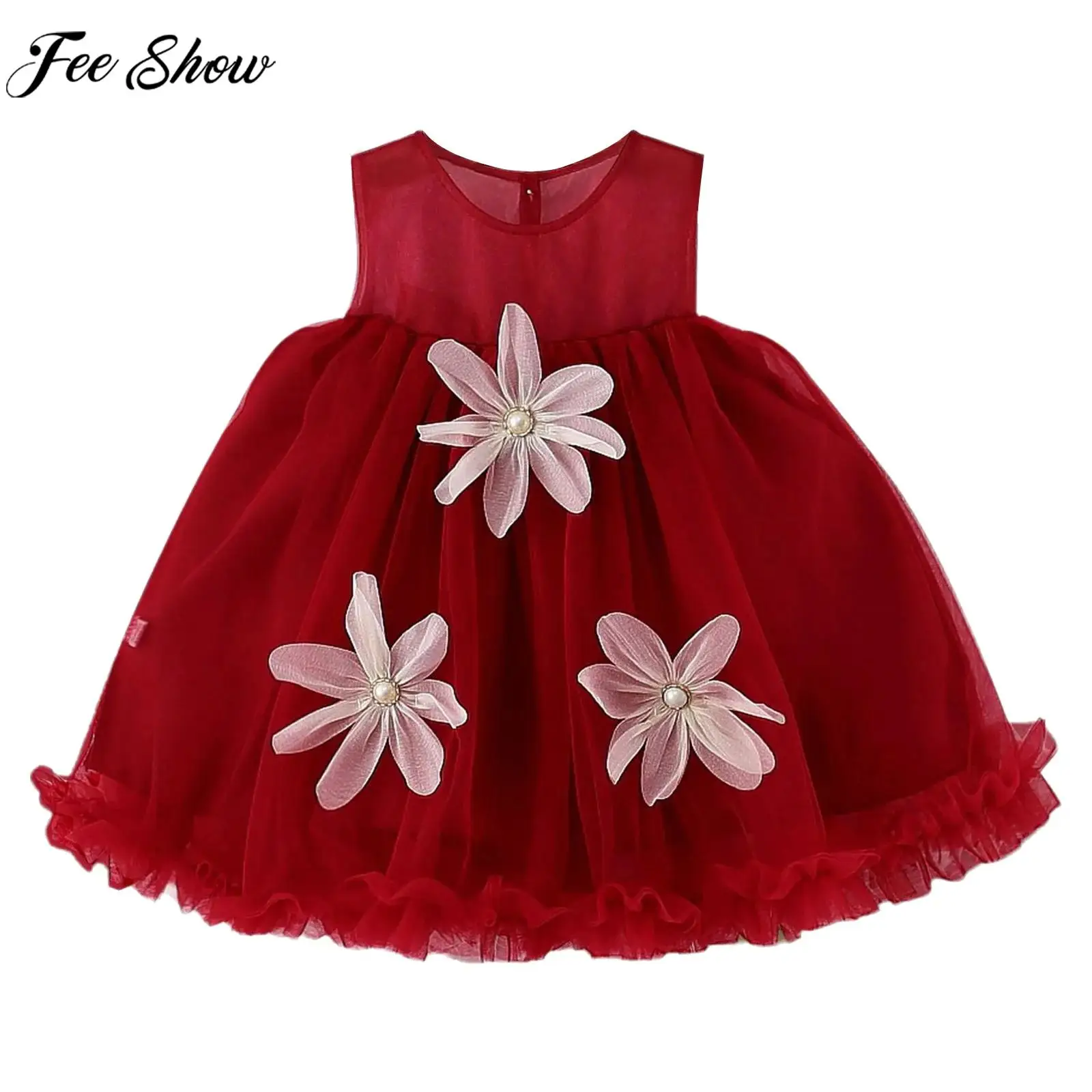 

Летнее милое милое платье принцессы для маленьких девочек, сетчатое дышащее тюлевое бальное платье-пачка с 3D цветами для свадьбы, дня рождения