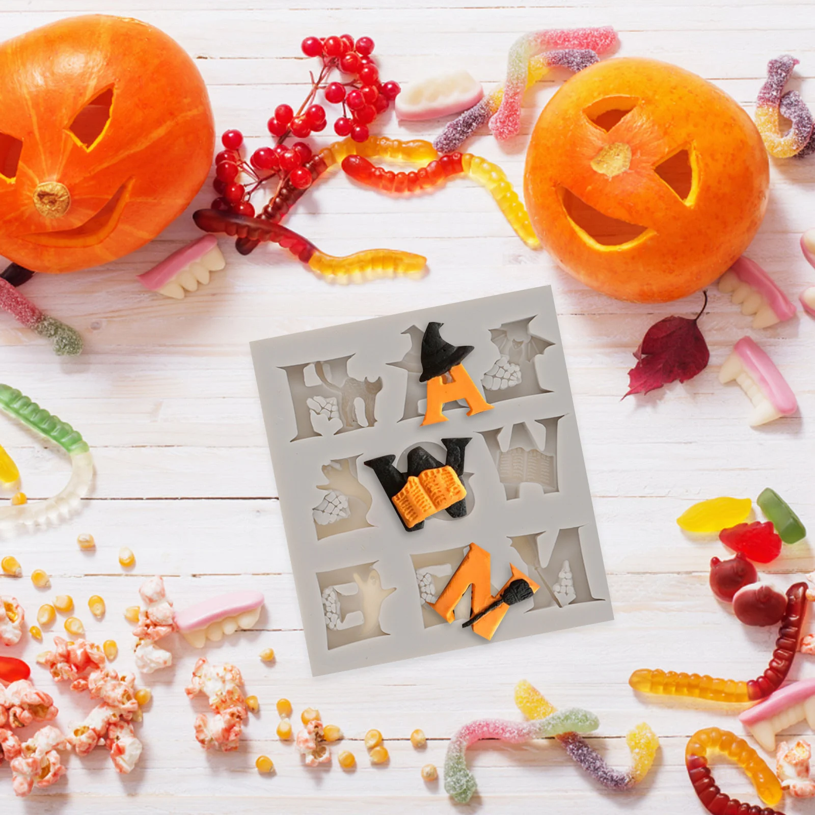 

2 Pcs Halloween Cutters Fondant Mold Cake Silicone Letter Molds Light Grey Baking