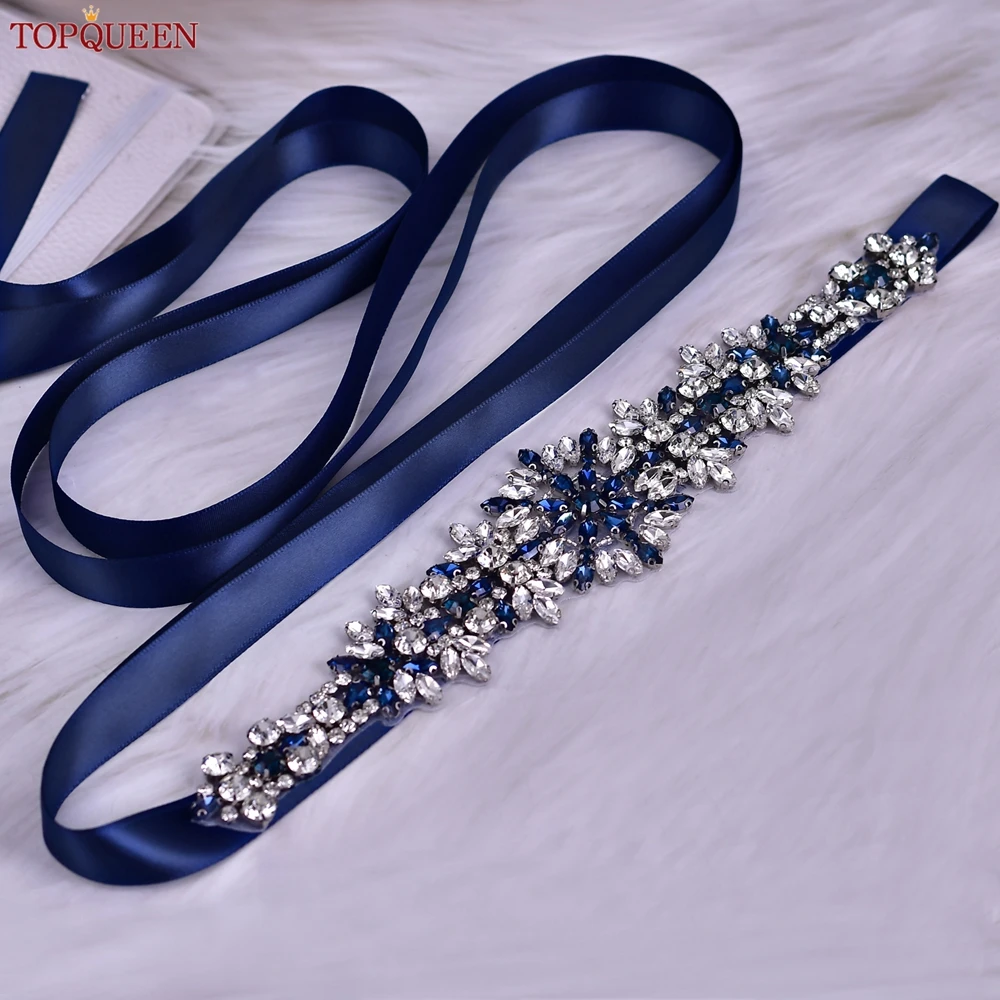 

TOPQUEEN Classic Navy Blue Dress Belt Bridal Belt Diamond Jewelry Patch Bridesmaid Tie Belt Wedding Dress Waist Decoration S319