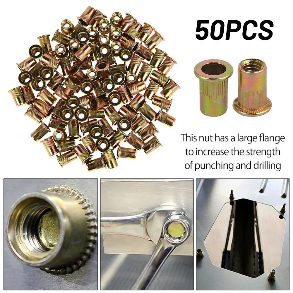 Knurled Body Rivet Nuts M6 Metric Size Rivnuts Assorted Blind Carbon Steel Nut Rivet Nuts 50X Flange Flat Head