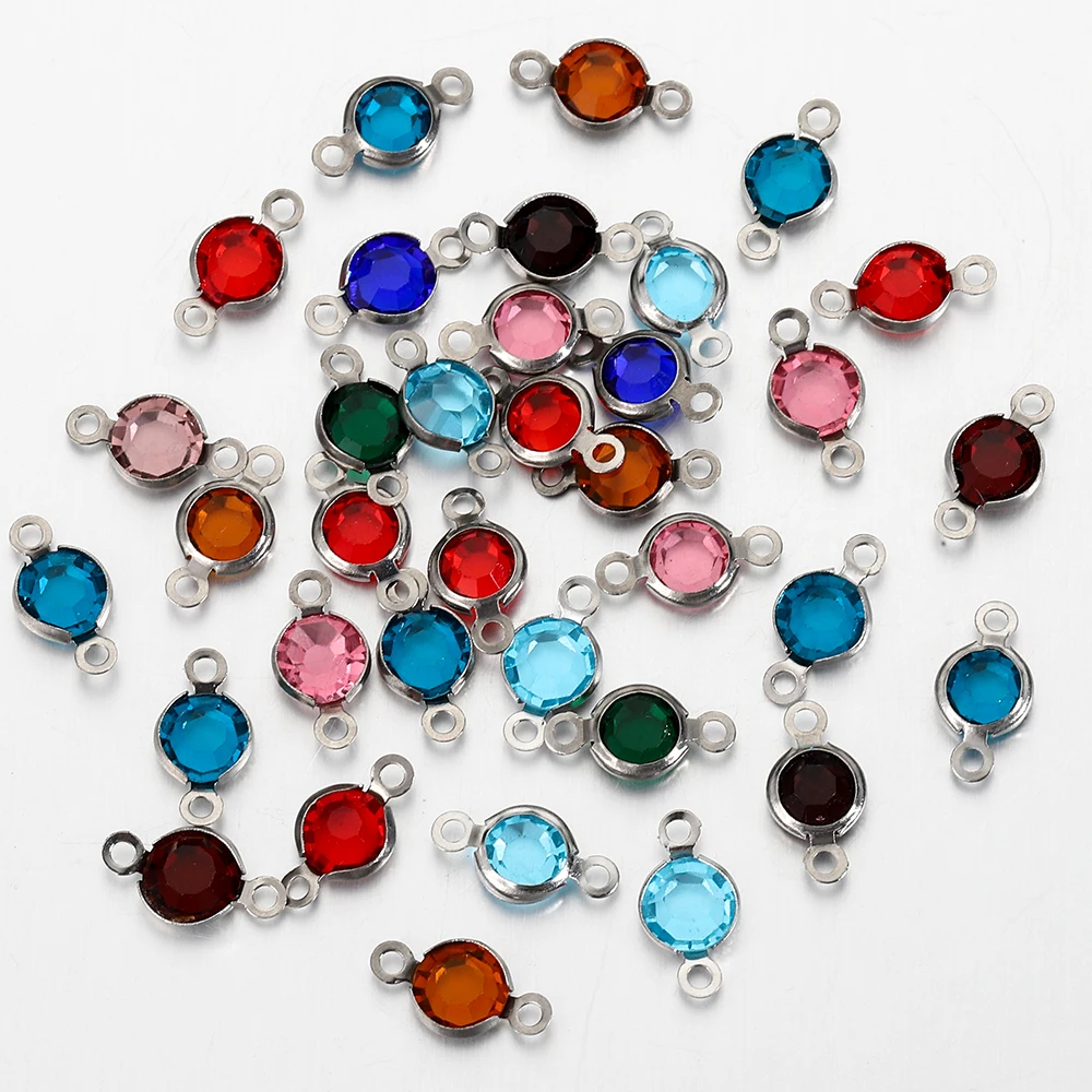 20pcs Stainless Steel Rhinestone Charms Double Hole Birthstones 6mm Crystal Pendants for Necklace Bracelet Jewelry Making DIY