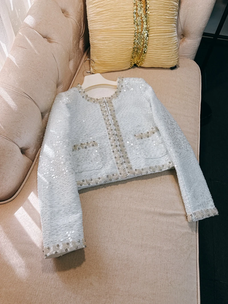 

Синяя короткая куртка с пайетками для женщин, повседневная, модная, с дизайном из мелких частиц, для вечеринок