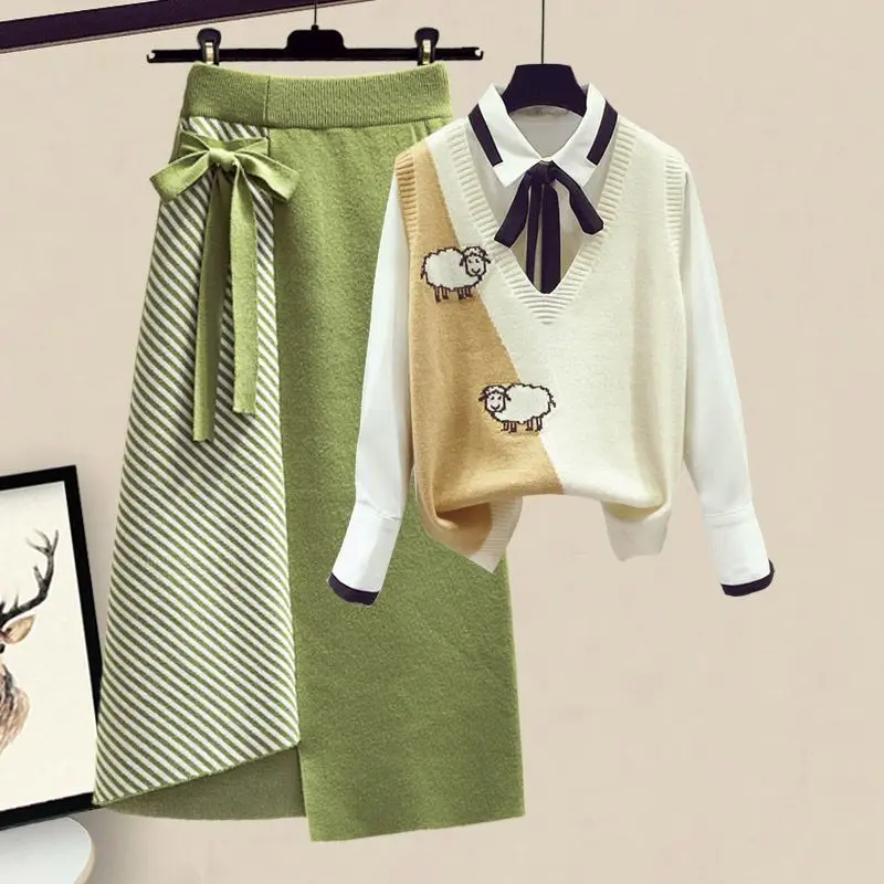 Autumn New Bow Chiffon Shirt Knitted Tank Top Irregular Short Skirt Set of Three Elegant Women's Party Dress Winter Outfits