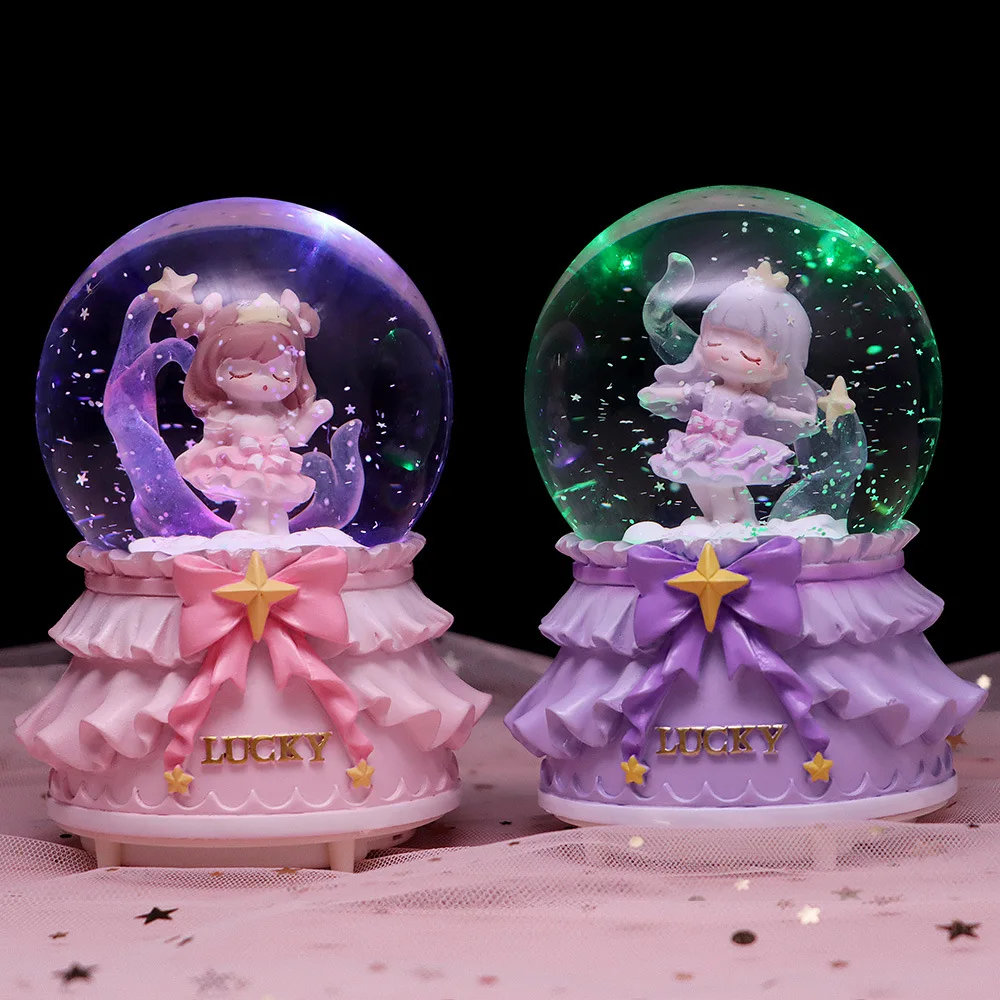 3D Crystal Ball Music Box para meninas, lua princesa, anjo, floco de neve, luz colorida, sonho, festa de aniversário, presente dos namorados