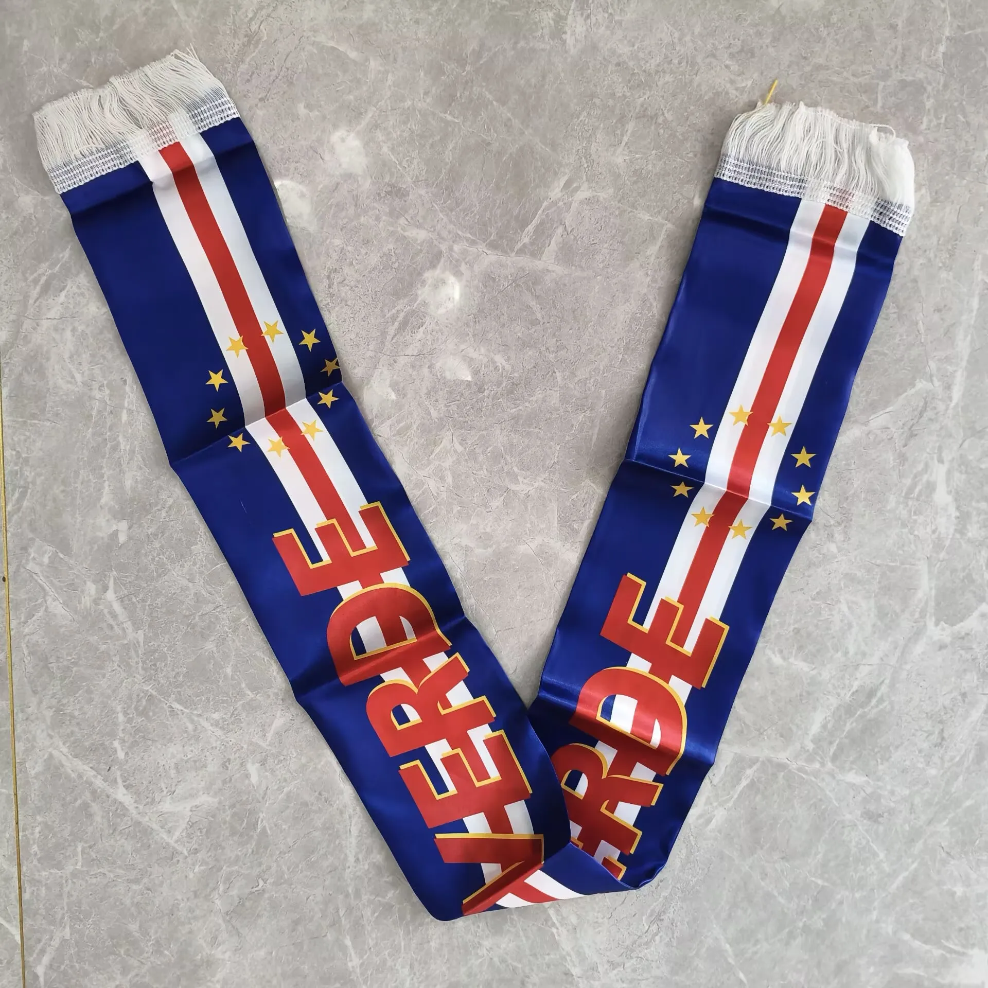Aerlxemrbrae Cape Verde Scarf 14x135cm Double-sided Satin Cape Verde Flag Scarf Tassels Suitable for 2026 Football
