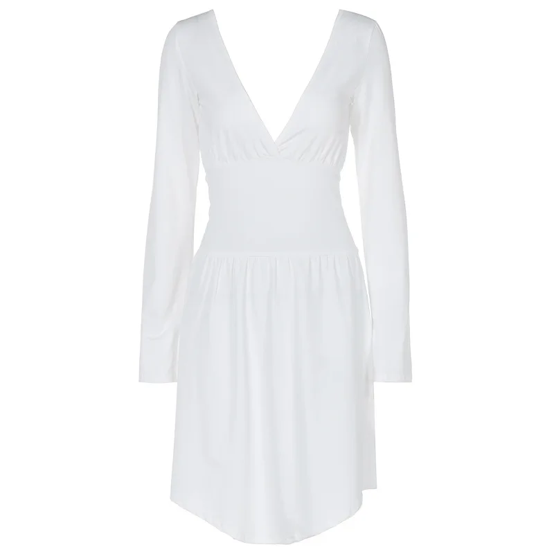 فستان نسائي أنيق 2025 فستان قصير بدون ظهر وأكمام طويلة غير رسمي بلون سادة مكشكش على شكل حرف A موضة الحفلات فساتين بسيطة #6