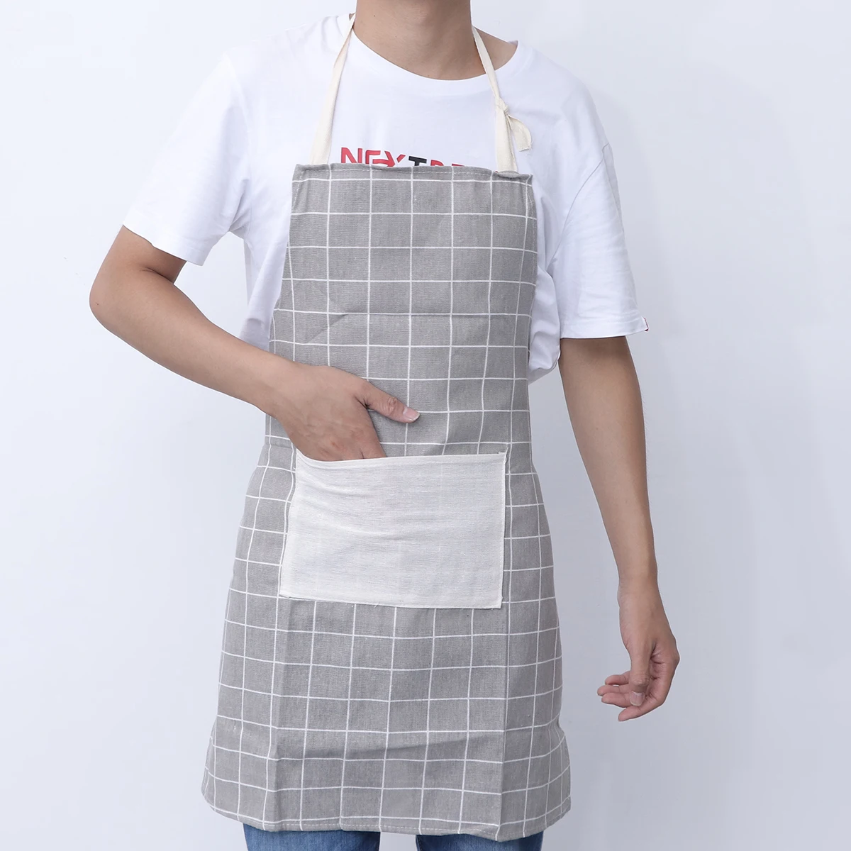 

Oil Proof Apron Cleaning Cotton Linen Kitchen Cooking Bib Grey Grid Dustproof Hanging Neck Back Strap Design Adjustable Shoulder