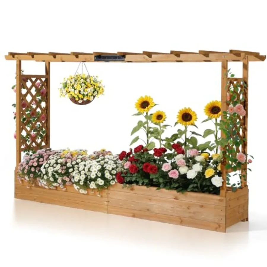 45 in Raised Garden Bed with Trellis and Hanging Roof, Wooden Elevated Planter Box with Drainage Holes for Outdoor Climbing Pla