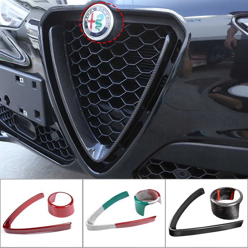 

For Alfa Romeo Giulia Stelvio 2017-2026 Real Carbon Fiber Car Front Grilles V Frame Decoration Trim Sticker Logo Ring Cover