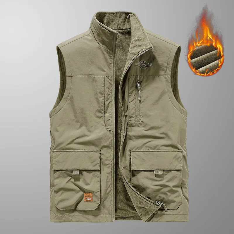 2 IN 1 Double Sided Wear Fleece Vest Men Reversible Winter Thicken Multi Pocket Photography Outdoor Fishing Waistcoat  VT-355