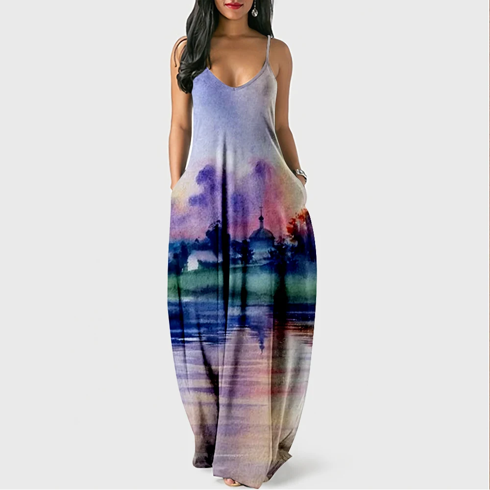 Dress For Women Halter Neck Summer Watercolor Print Sleeveless Midi Backless Party Sexy Dresses Beach Casual Streetwea