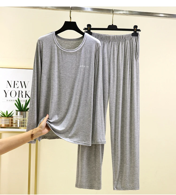 남성용 XL-4XL 파자마 라운드넥 긴팔 잠옷 세트 빅사이즈 모달 파자마 남성 봄 가을 홈웨어 피자마 옴브레