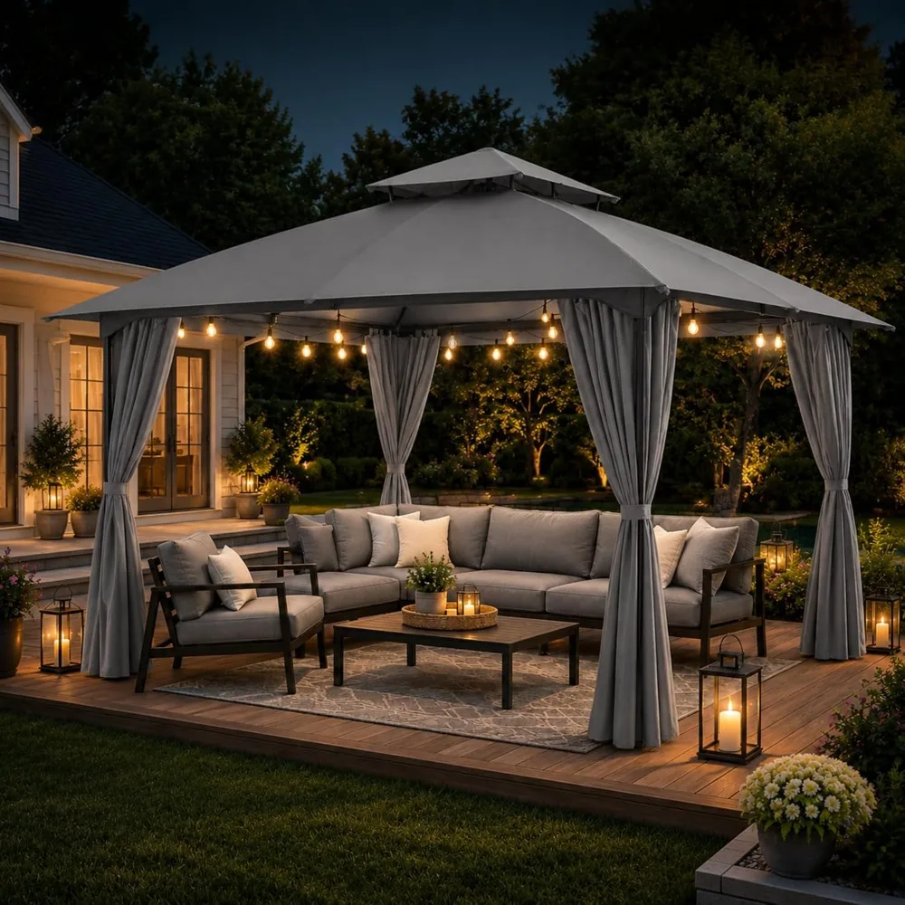 10x10ft Arc Gazebo Canopy with Curtains & Soft Top, Wind-Resistant Shelter for Backyard Garden Lawn, Grey, Custom