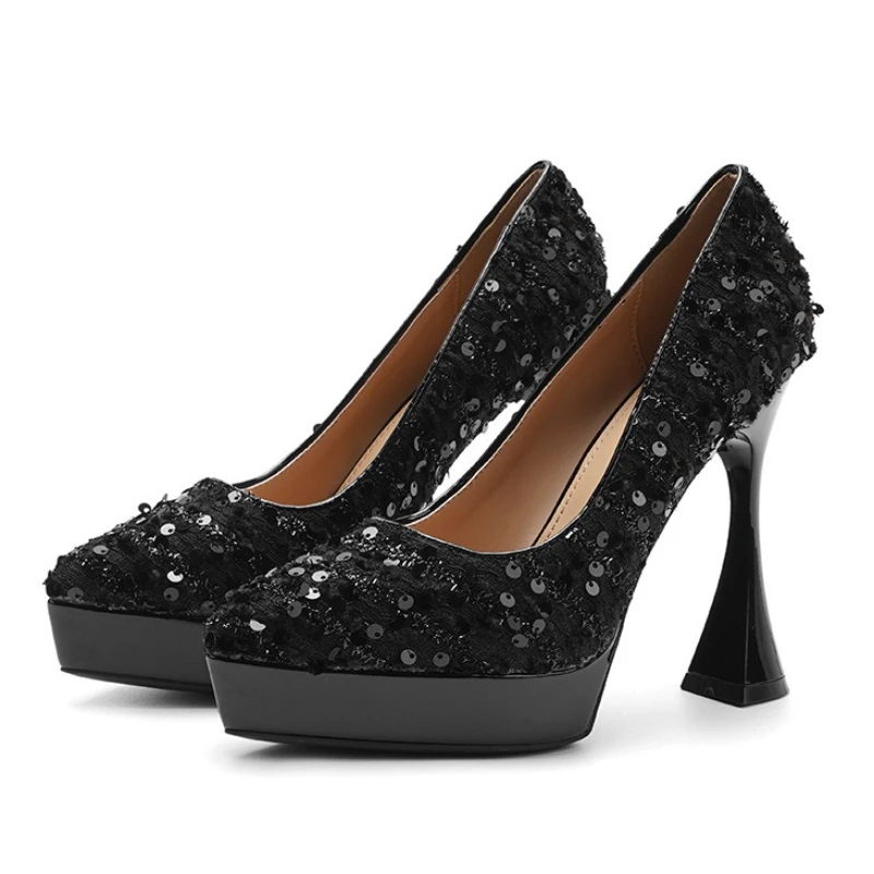 

Сексуальные женские туфли на высоком каблуке из ткани с блестками, модные сандалии на платформе с острым носком на тонком каблуке, элегантные уютные свадебные туфли для невесты