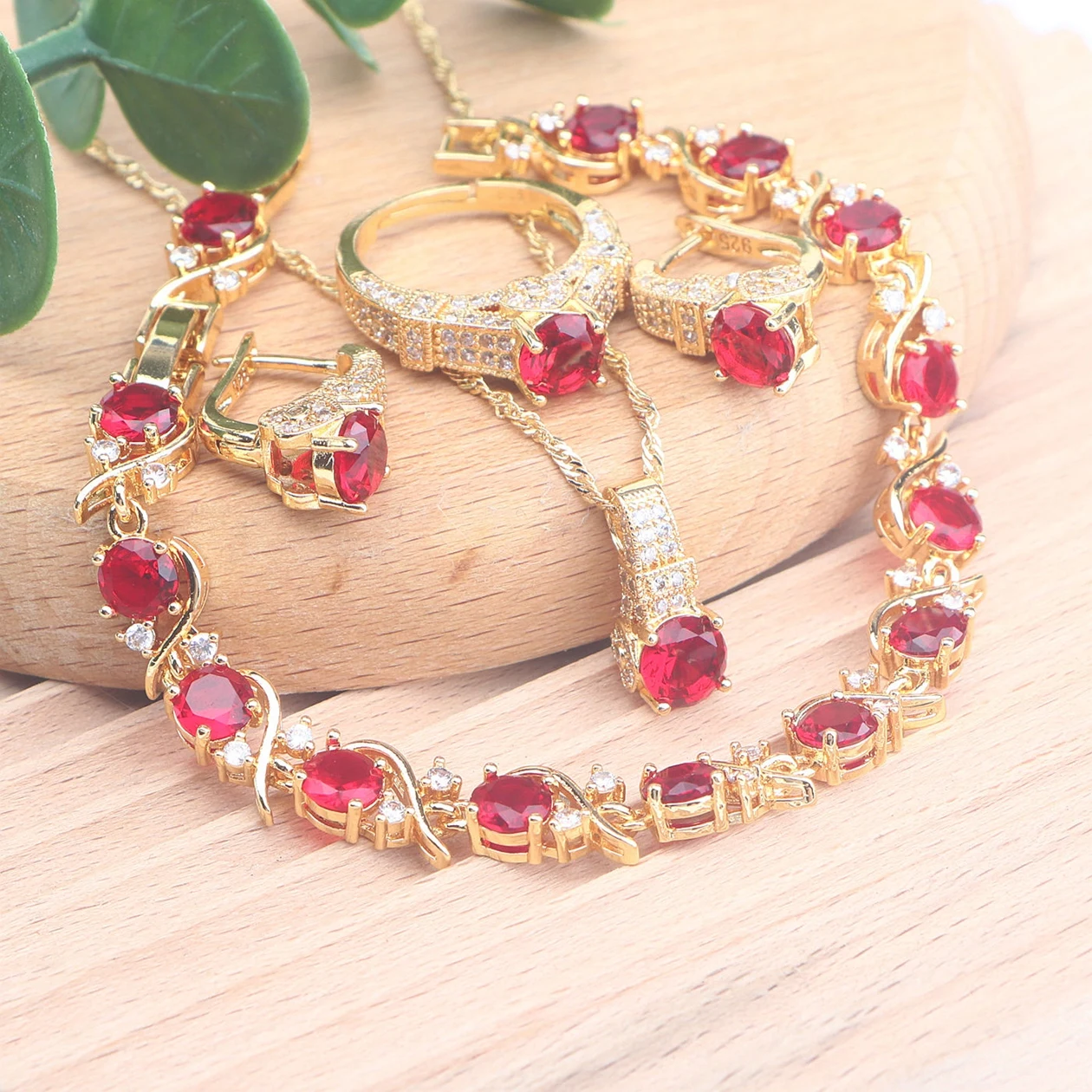 

925 Silver Red Zircon Bridal Jewelry Sets For Women Gold Color Wedding Earrings Stones Bracelets Rings Pendant Necklace Set